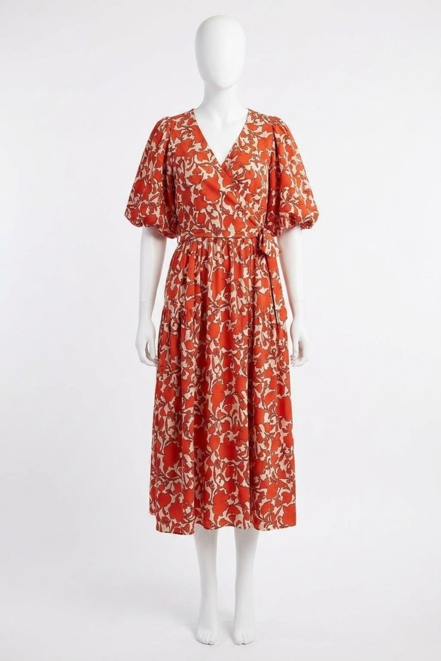 NEW EASEL floral printed sophia twill surplus midi dress in cinnamon dough
